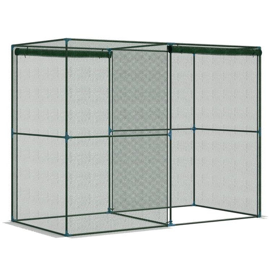 Green metal garden crop cage with mesh panels and open corner base