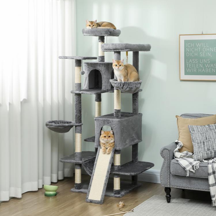 Tall dark gray cat climbing tower with multiple levels, condos, and a wide scratching base.