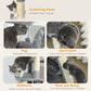 Collage of dark gray cat tower features: scratching posts, hammocks, and platforms.