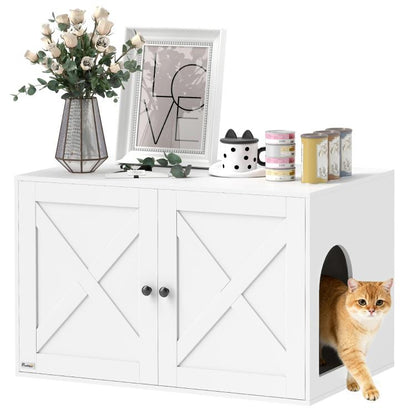 White cat litter box enclosure with barn-style doors and round entry hole