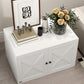 White cat litter box enclosure with double barn doors and small arched cat hole