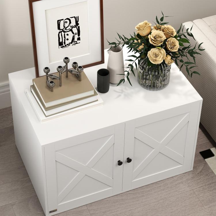 White cat litter box enclosure with double barn doors and small arched cat hole