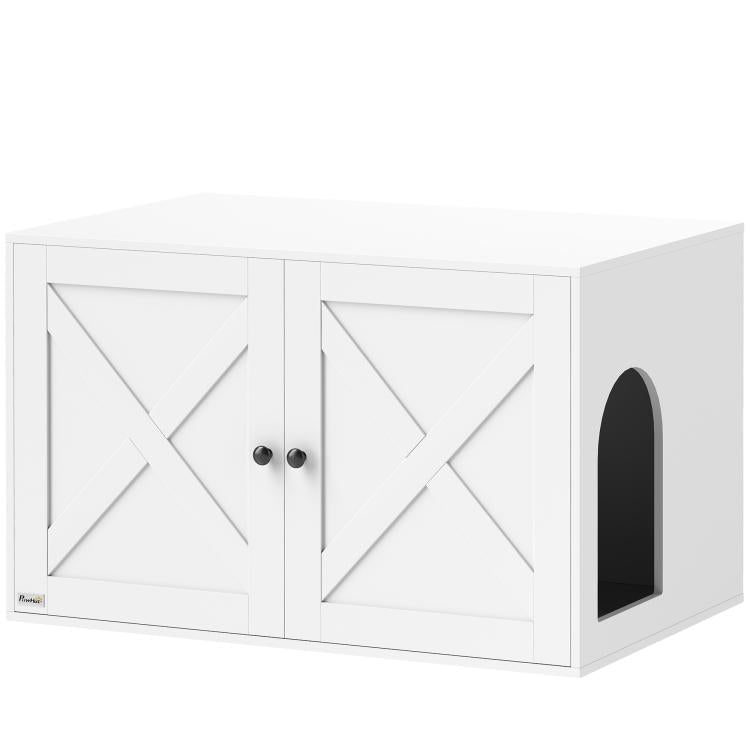 White cat litter box enclosure with arched cat entry opening and double barn doors