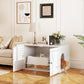 White cat litter box enclosure with side entry hole and open front compartment