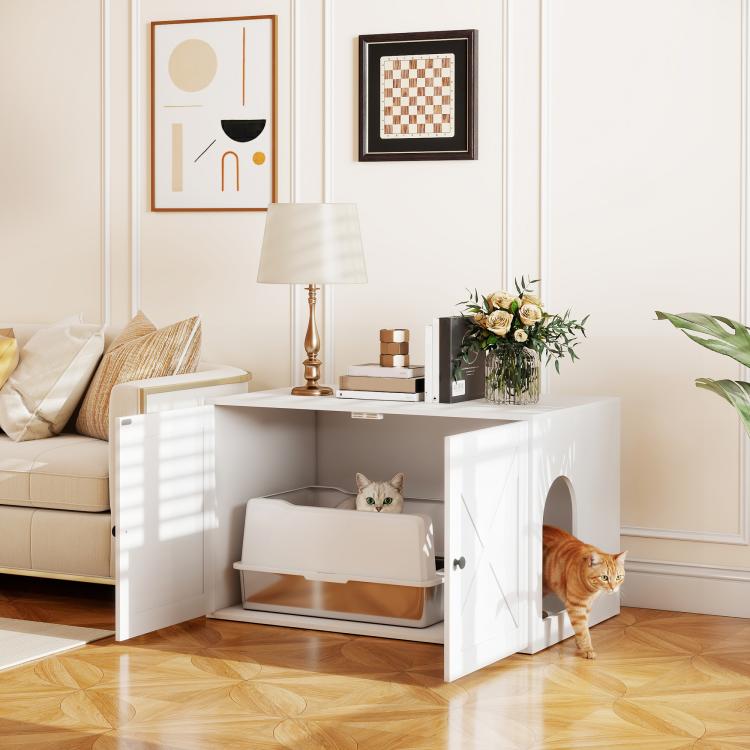 White cat litter box enclosure with side entry hole and open front compartment