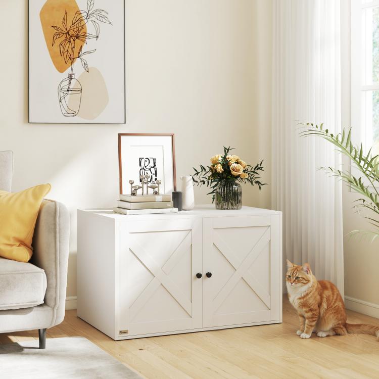 White cat litter box enclosure cabinet with round cat hole and double doors