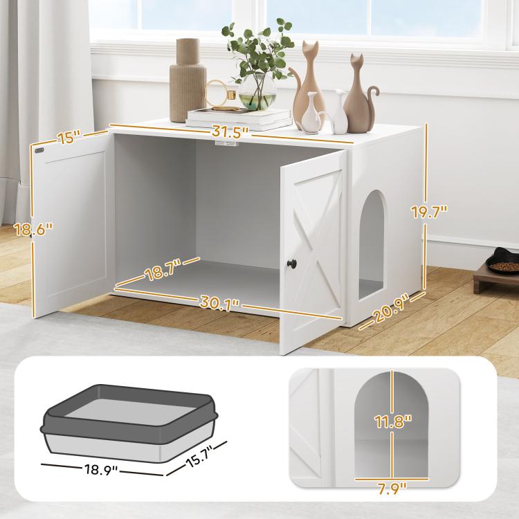 White cat litter box enclosure with size diagram and illustrated dimensions