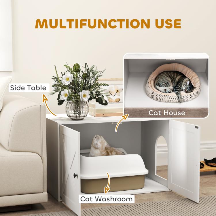 White cat litter box enclosure shown as cat house, litter box, and side table