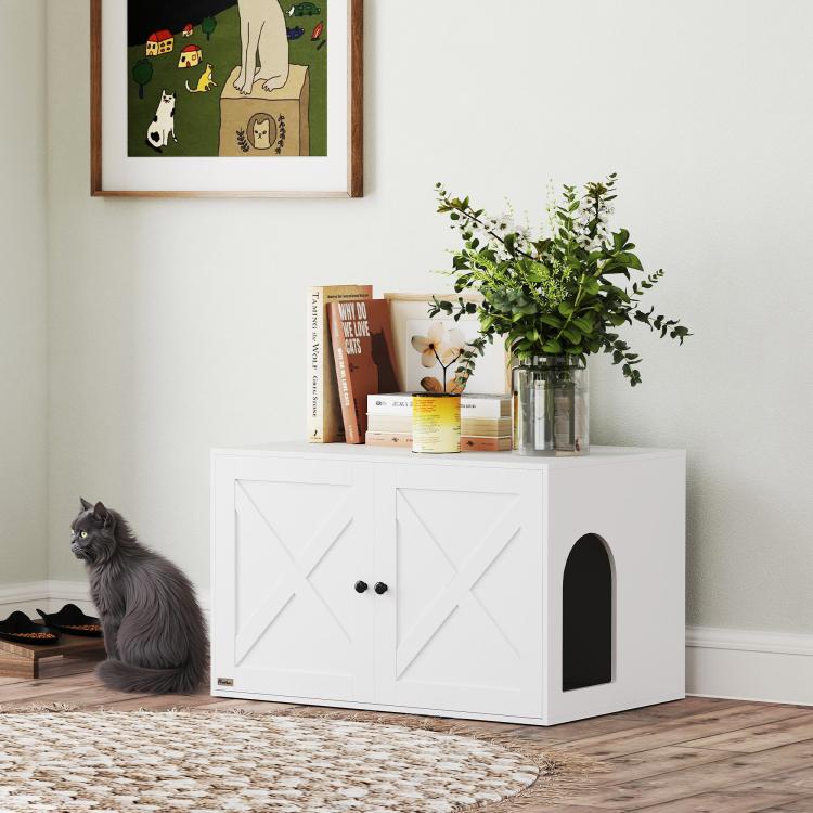 White cat litter box enclosure with round side opening and two center cabinet doors