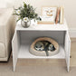 White cat litter box enclosure with built-in pet bed inside and side doors