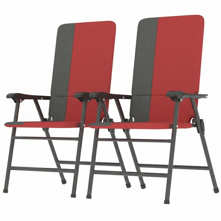Set of 2 folding patio chairs with padded high back, red fabric and gray frame