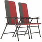 Set of 2 folding patio chairs with padded high backs, red seats, armrests, gray frames