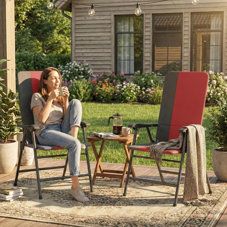 Set of 2 folding high-back patio chairs with armrests, red and gray fabric