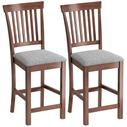 Set of 2 counter-height bar stools with gray padded seats, dark brown slatted high backs