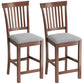Set of 2 counter-height bar stools with gray padded seats and dark brown slatted high backs