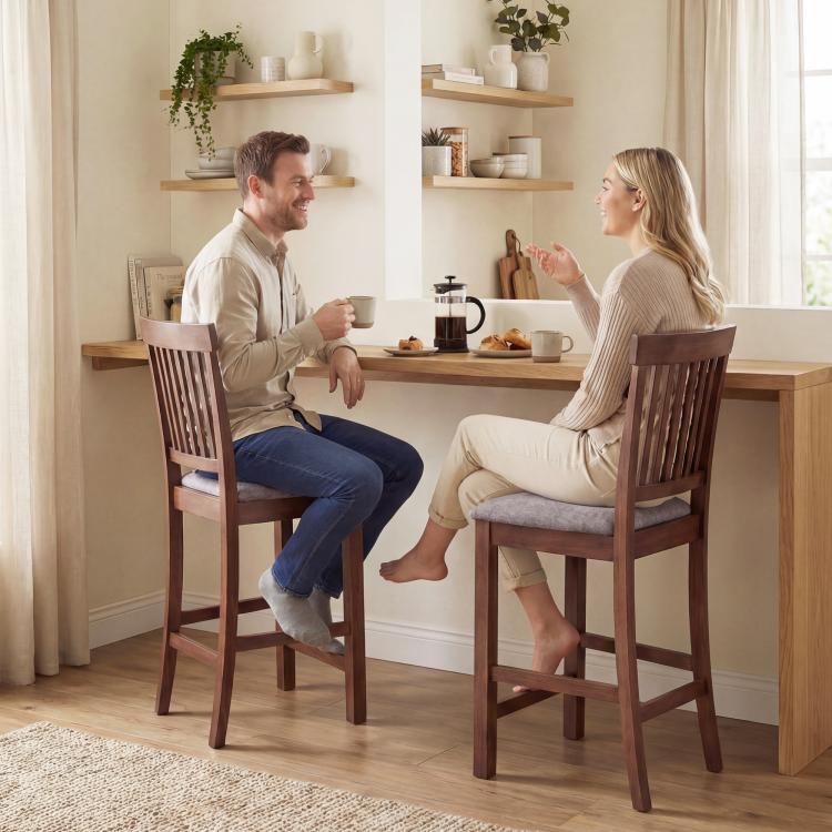 Set of 2 counter-height bar stools, gray padded seats, dark brown high backs