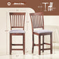 Counter-height bar stool with dark brown wood frame, slatted high back, gray padded seat
