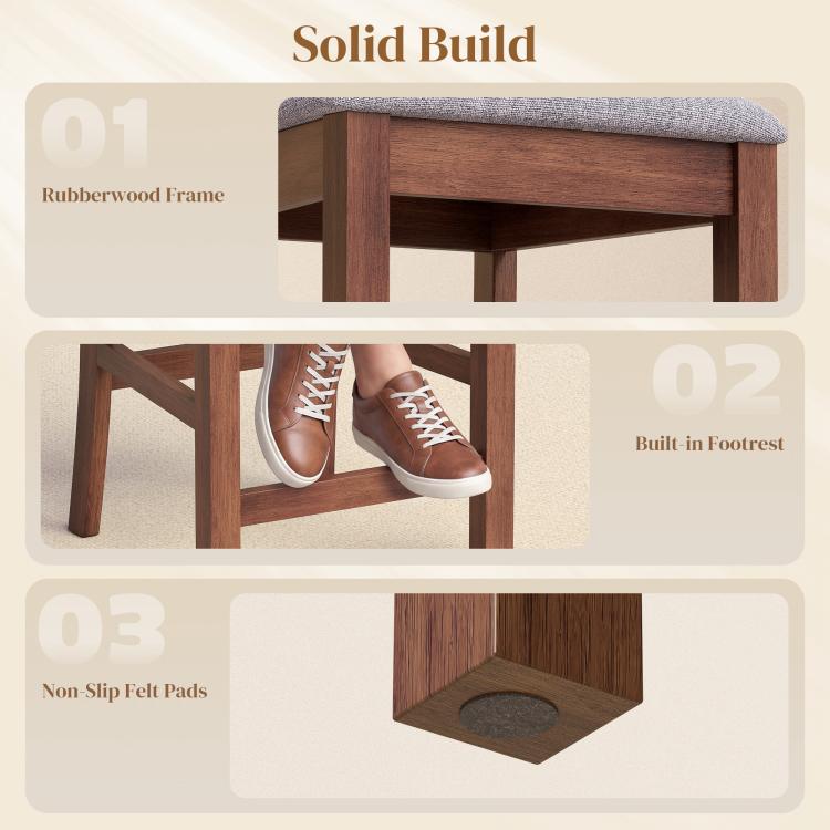 Wood bar stool frame with slatted back and built-in footrest, gray padded seat