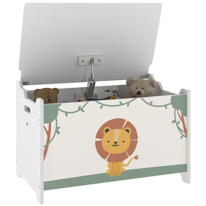Green kids toy storage chest with hinged lid and lion animal panel, open view