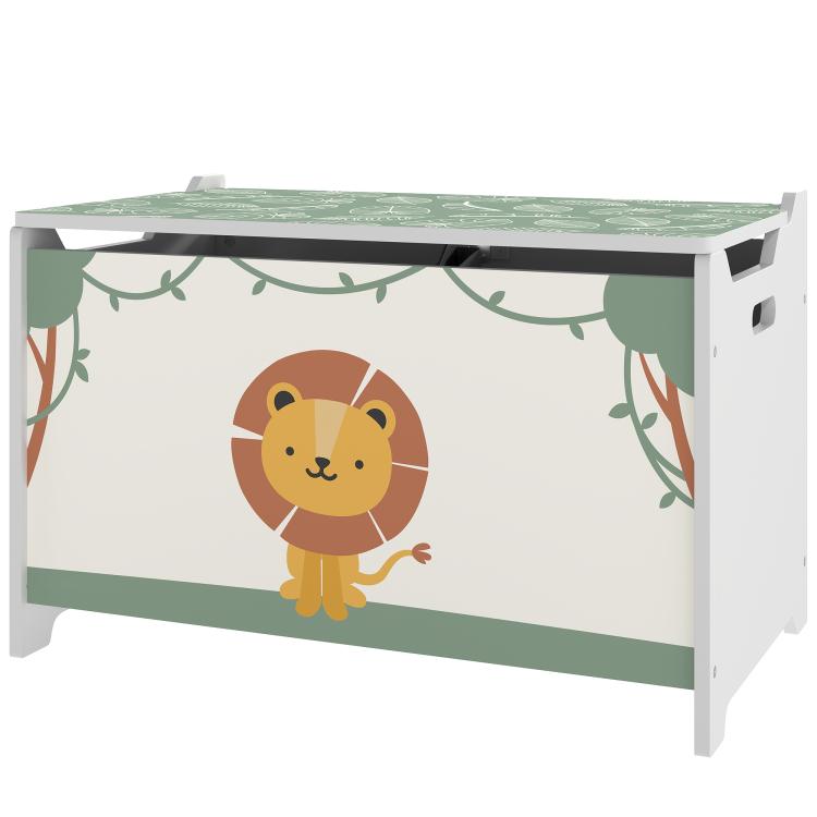 Green kids toy storage chest with hinged lid and lion graphic, front side view
