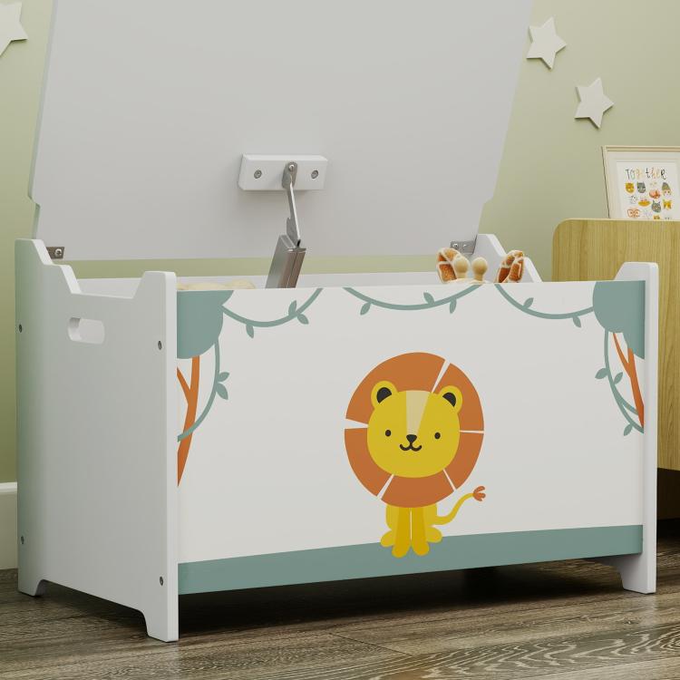 Kids toy storage box with lid, lion print, safety hinges, green