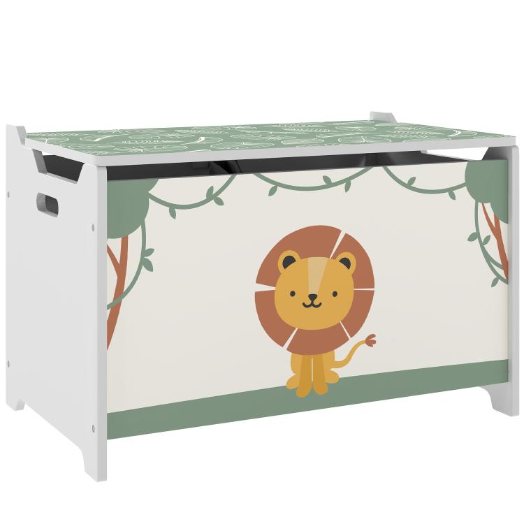 Green kids toy storage box with lion print, open lid, side cutout handles