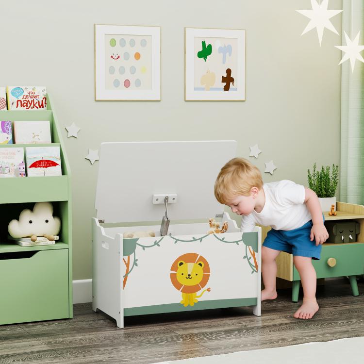 White and green kids toy storage chest with lion panel and open safety lid