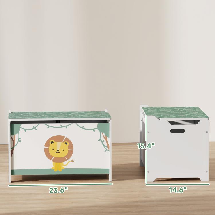 Kids toy storage chest with lion panel and green patterned lid, side view