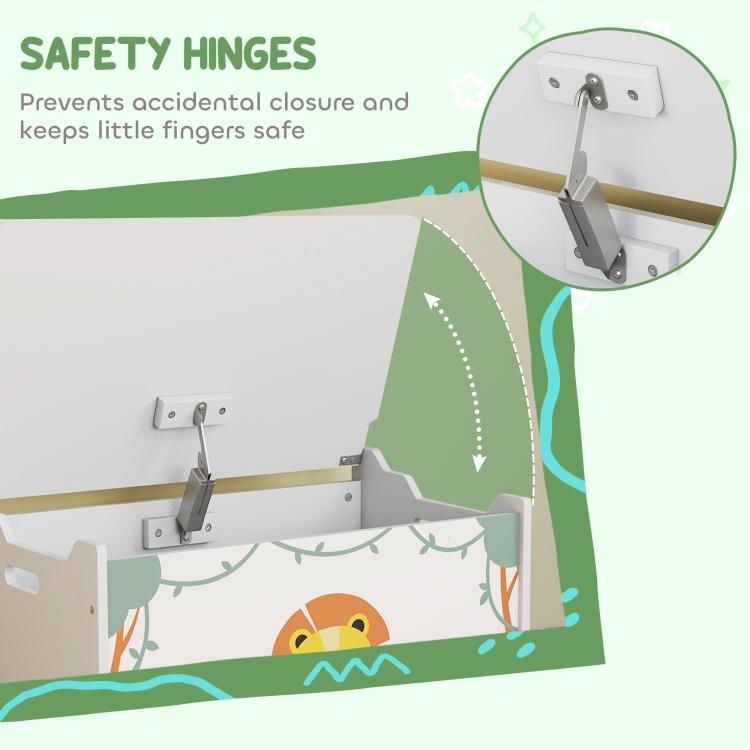 Safety hinge detail on kids toy storage chest lid, white hardware