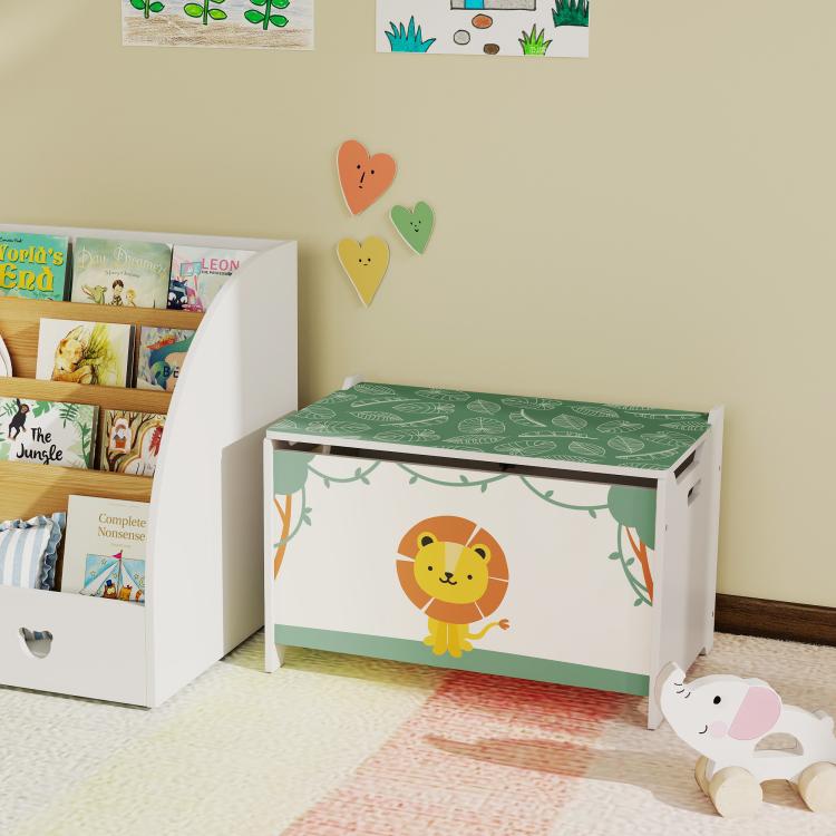 Kids toy storage chest with green patterned lid and lion panel, closed view