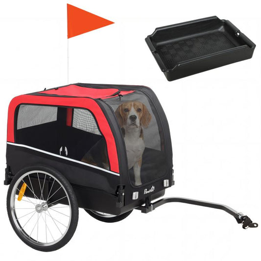 Dog bike trailer with red-and-black fabric sides, mesh windows, and pet inside