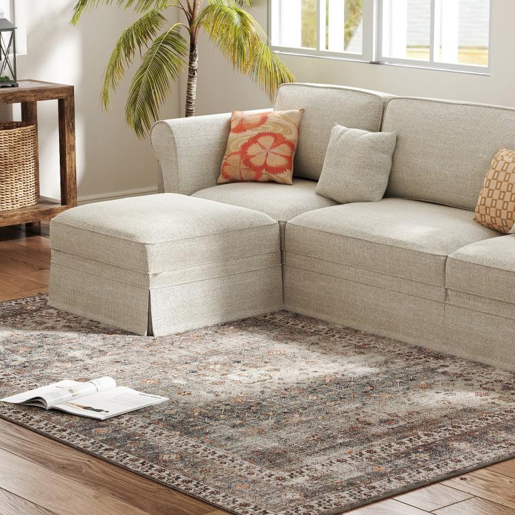 Traditional area rug with distressed gray, beige, and brown pattern, rectangular flat weave