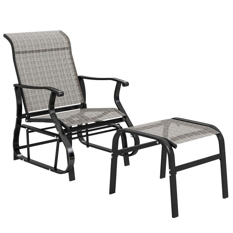 Gray patio glider chair with ottoman, wide seat and high back