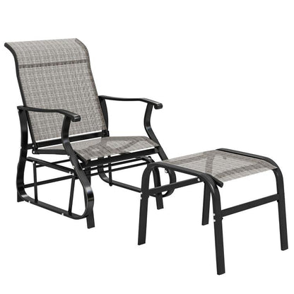 Gray patio glider chair with ottoman, wide seat and high back
