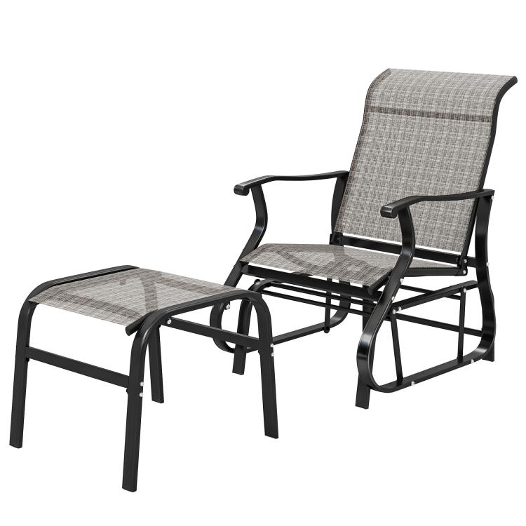 Gray glider chair with separate ottoman footrest, curved high-back design