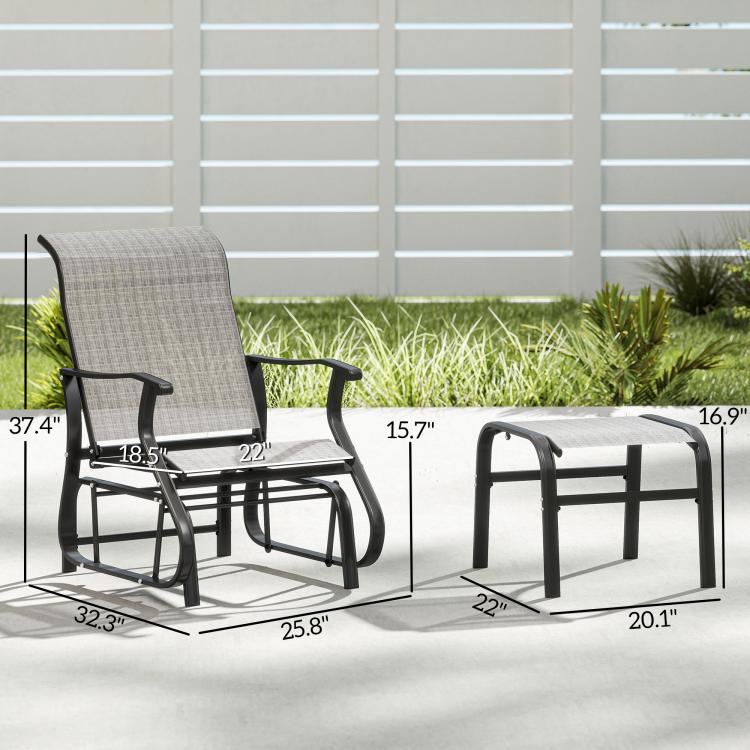 Gray glider chair and ottoman with black metal frame and armrests