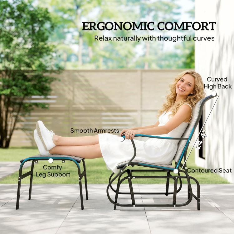 Gray outdoor glider chair with contoured seat, curved high back, armrests