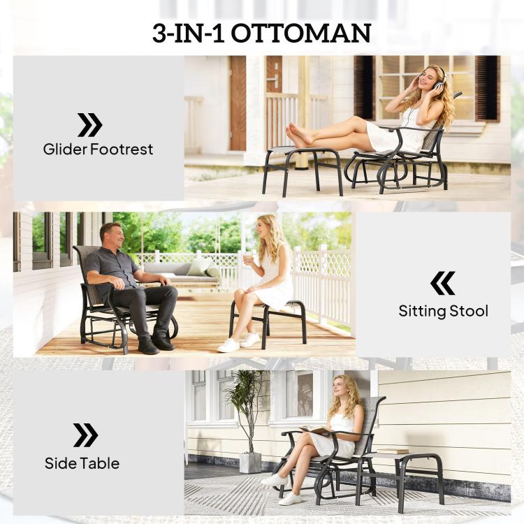 3-in-1 outdoor glider chair with ottoman footrest and side table attachments