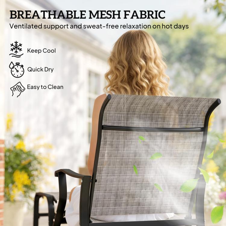 Gray breathable mesh back panel for outdoor glider chair on black frame