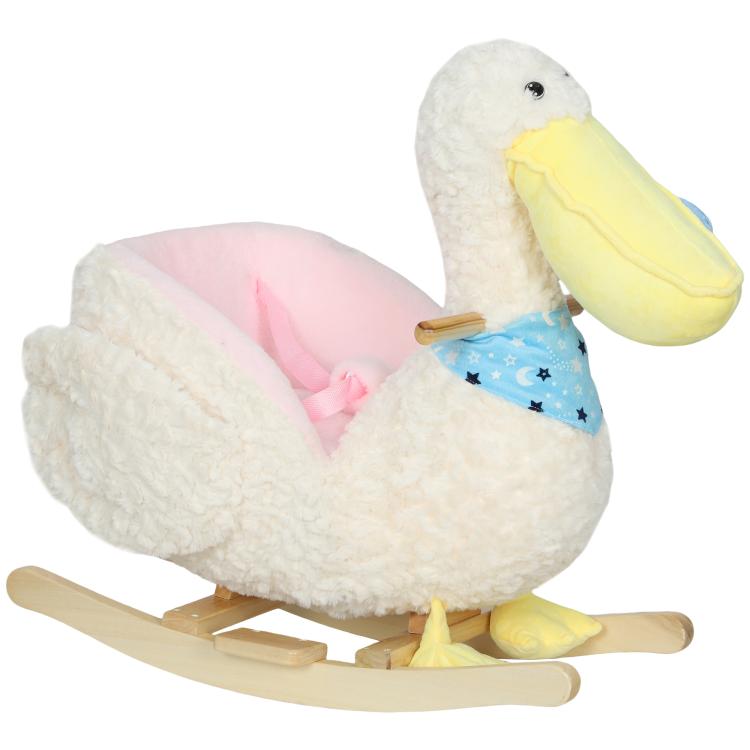 White plush duck rocking horse with pink seat and blue star apron on wooden rockers
