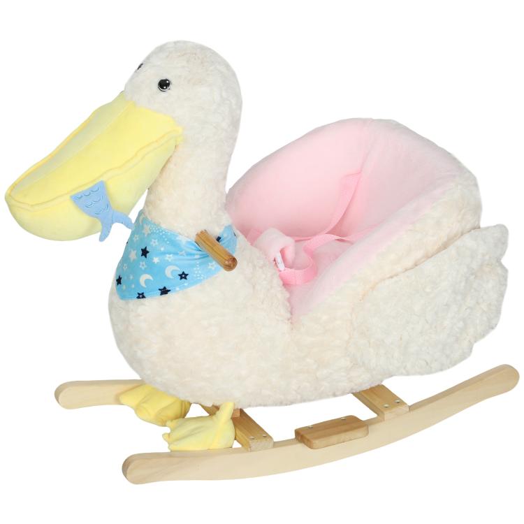 White plush duck rocking horse with blue star bib and pink seat, side view on rockers
