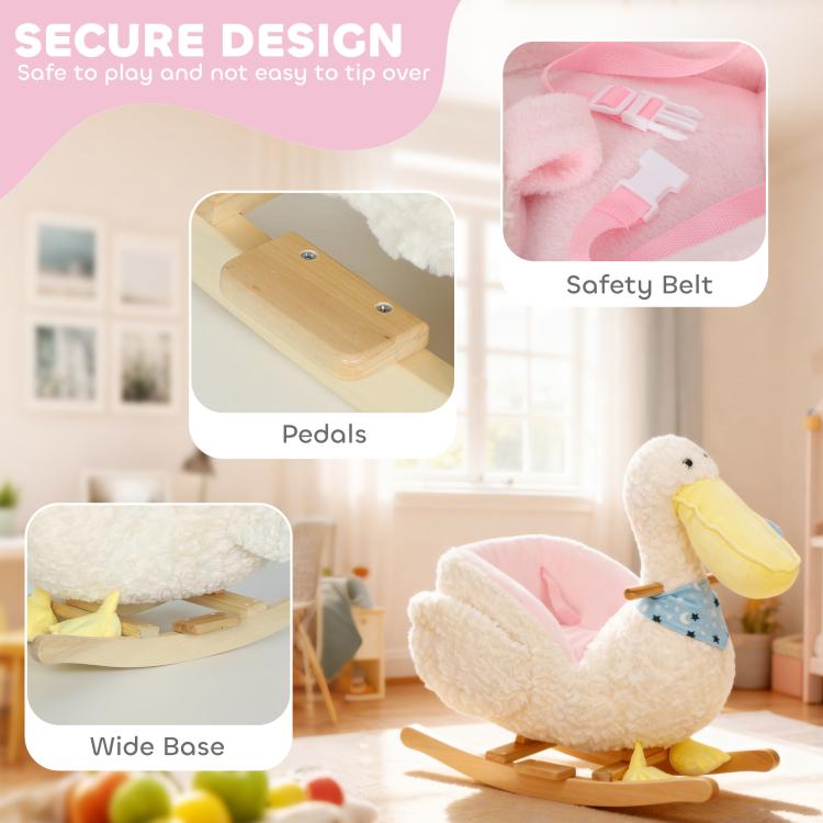 White plush duck rocking horse with pink seat and safety belt, wooden base and rockers