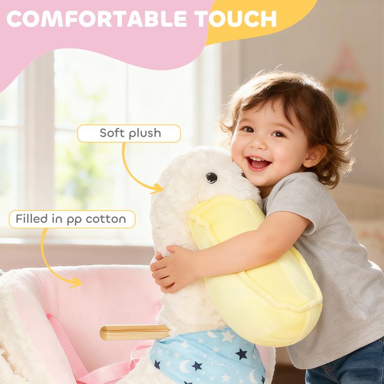 White plush duck rocking horse with yellow beak, blue star apron and pink seat