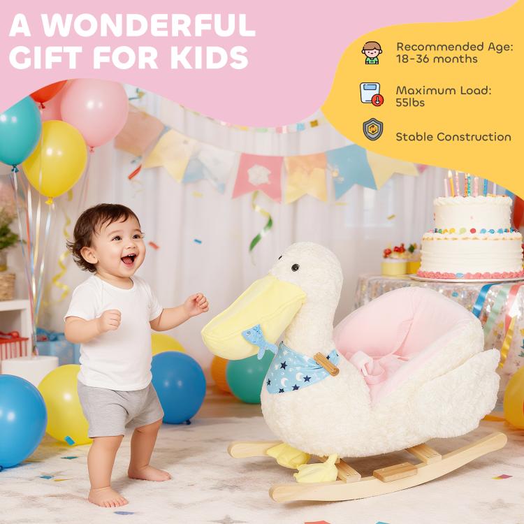White plush duck rocking horse with pink seat and blue star apron, child standing beside