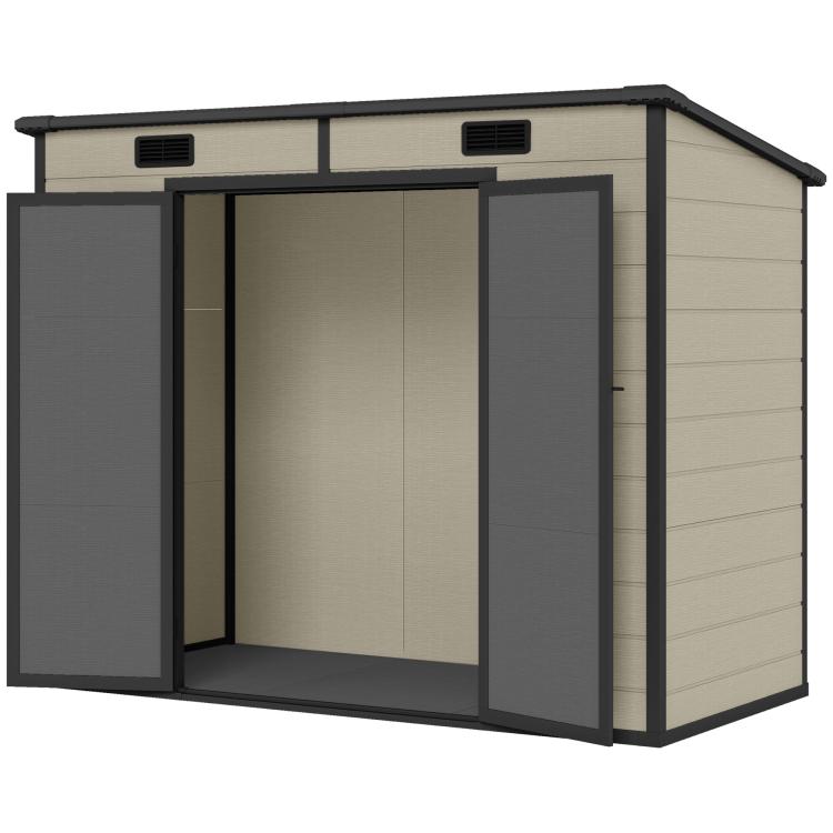 Light brown resin storage shed with one door open and empty interior