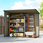 Light brown plastic outdoor storage shed with floor, open double doors and shelves