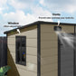 Light brown shed exterior with side window and roof vents over dark doors