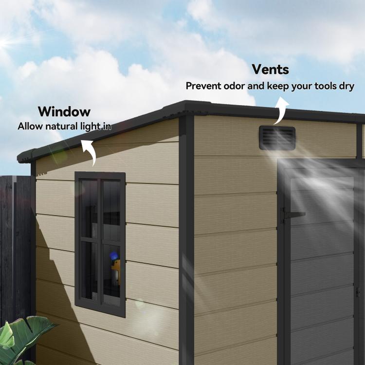 Light brown shed exterior with side window and roof vents over dark doors