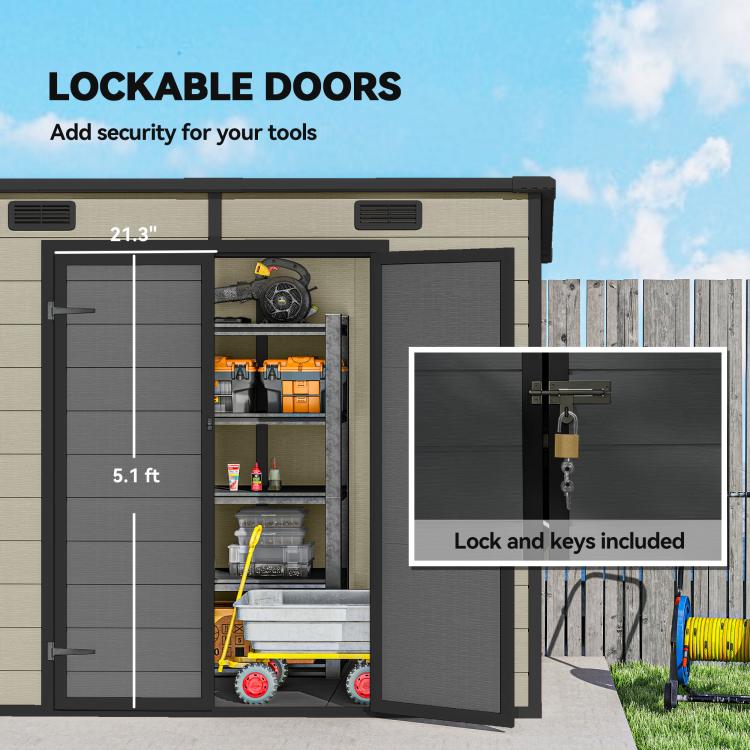Light brown storage shed with lockable doors and included keys for security