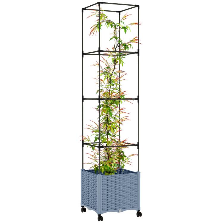 Wheeled raised garden planter with tall black trellis and green climbing plants